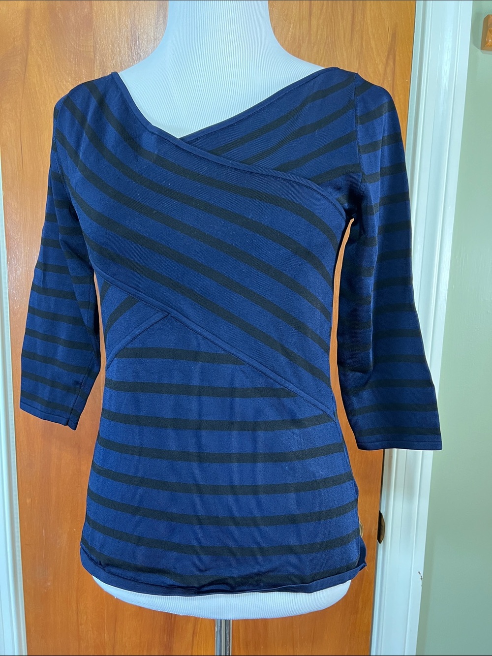 Striped Wrap-Front Long Sleeve Tee - Navy/Black